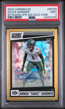 2022 Panini Chronicles Score Gold Zone Rookie Auto Sauce Gardner /50 PSA 9