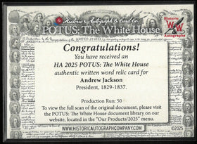 2025 Historic Autograph POTUS: The White House Written Word Relic Andrew Jackson President