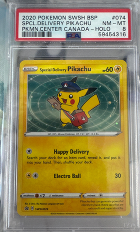 2020 POKEMON SWSH BLACK STAR PROMO #074 SPCL. DELIVERY PIKACHU PKMN. CENTER CANADA- HOLO PSA 8