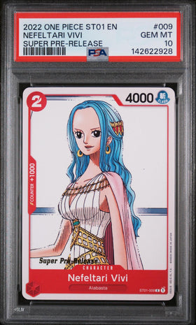 2022 ONE PIECE STARTER DECK ST01-STRAW HAT CREW 009 NEFELTARI VIVI SUPER PRE-RELEASE PSA 10