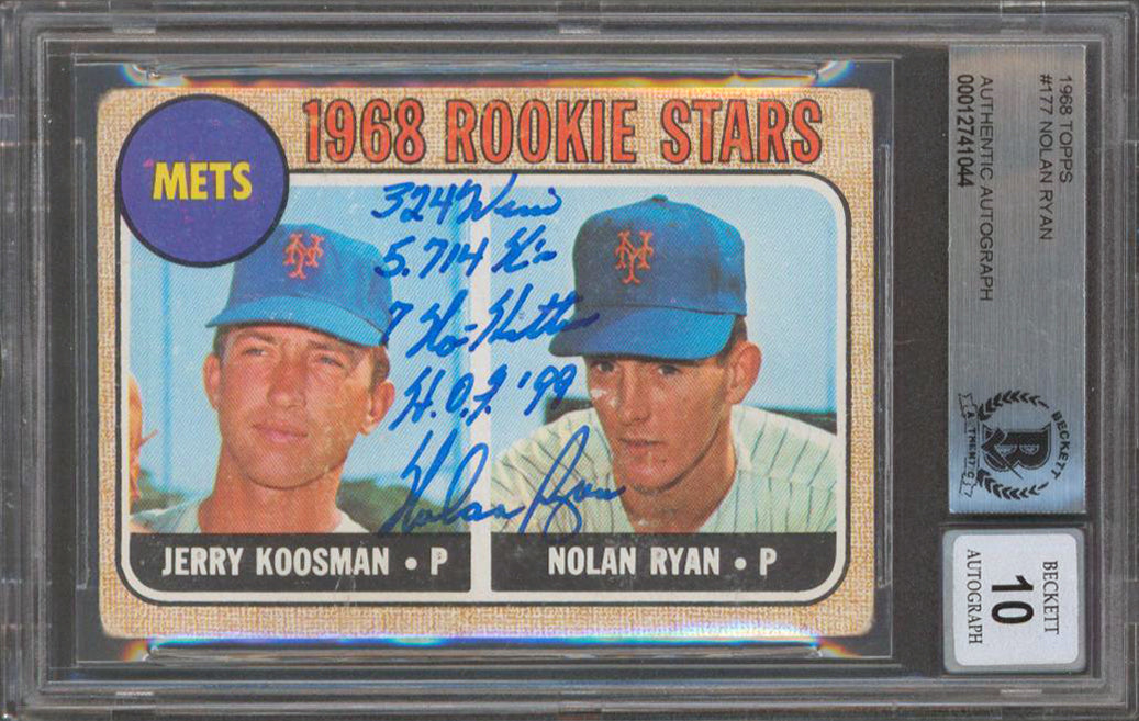 Mets Nolan Ryan "Stat" Signed 1968 Topps #177 Rookie Card Auto Grade 10 BAS Slab
