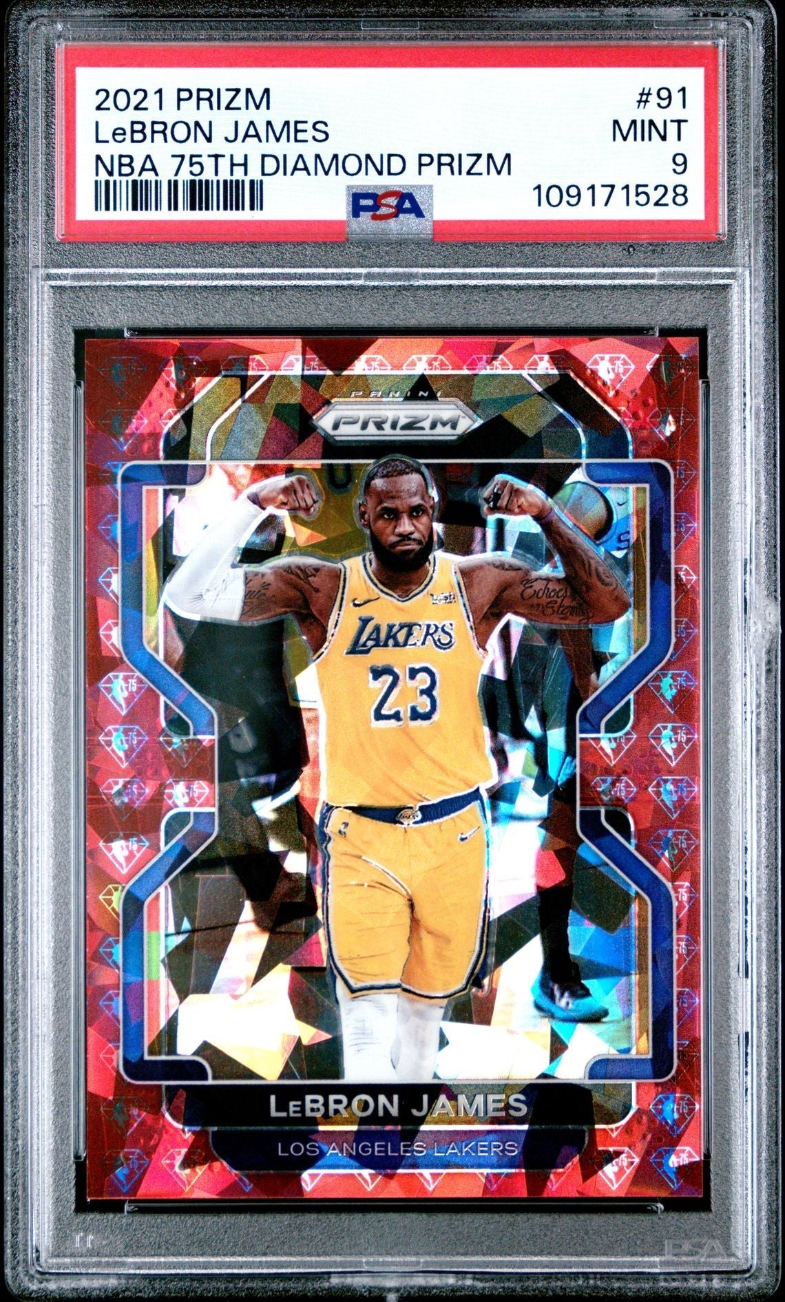 2021 Panini Prizm - Lebron James - NBA 75th Diamond Red Prizm #91 -  Limited to /75 - PSA Graded Card