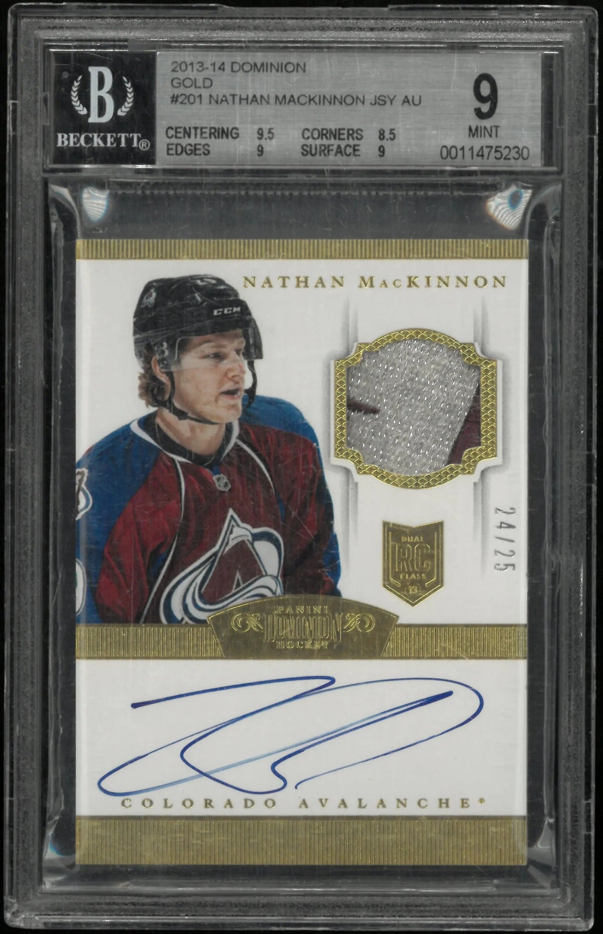 2013-14 Panini Dominion Gold Nathan MacKinnon RC Jersey Patch Auto BGS 9 /25