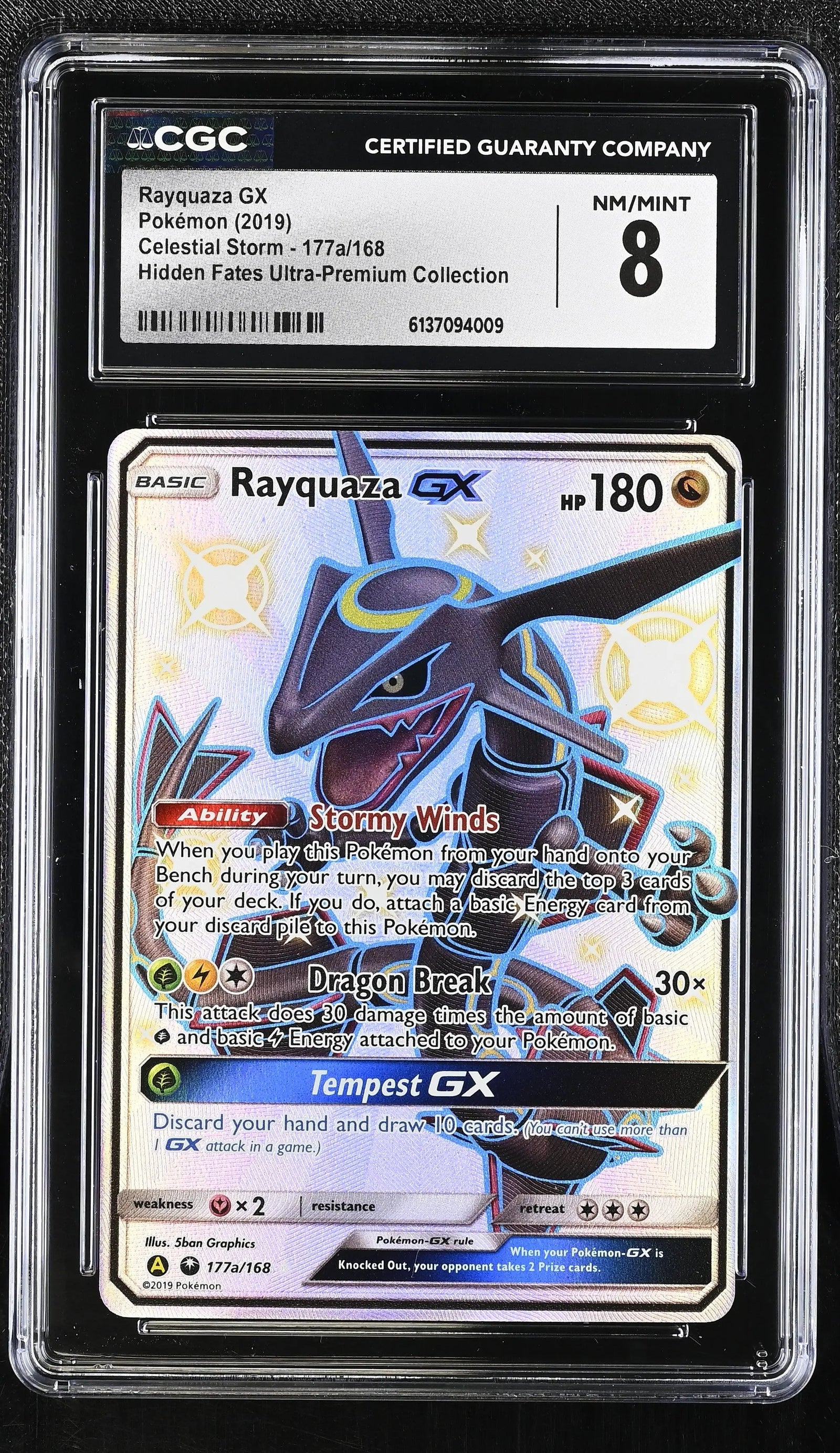 2019 Pokemon Celestial Storm Rayquaza GX Hidden Fates UPC CGC 8 177a/168
