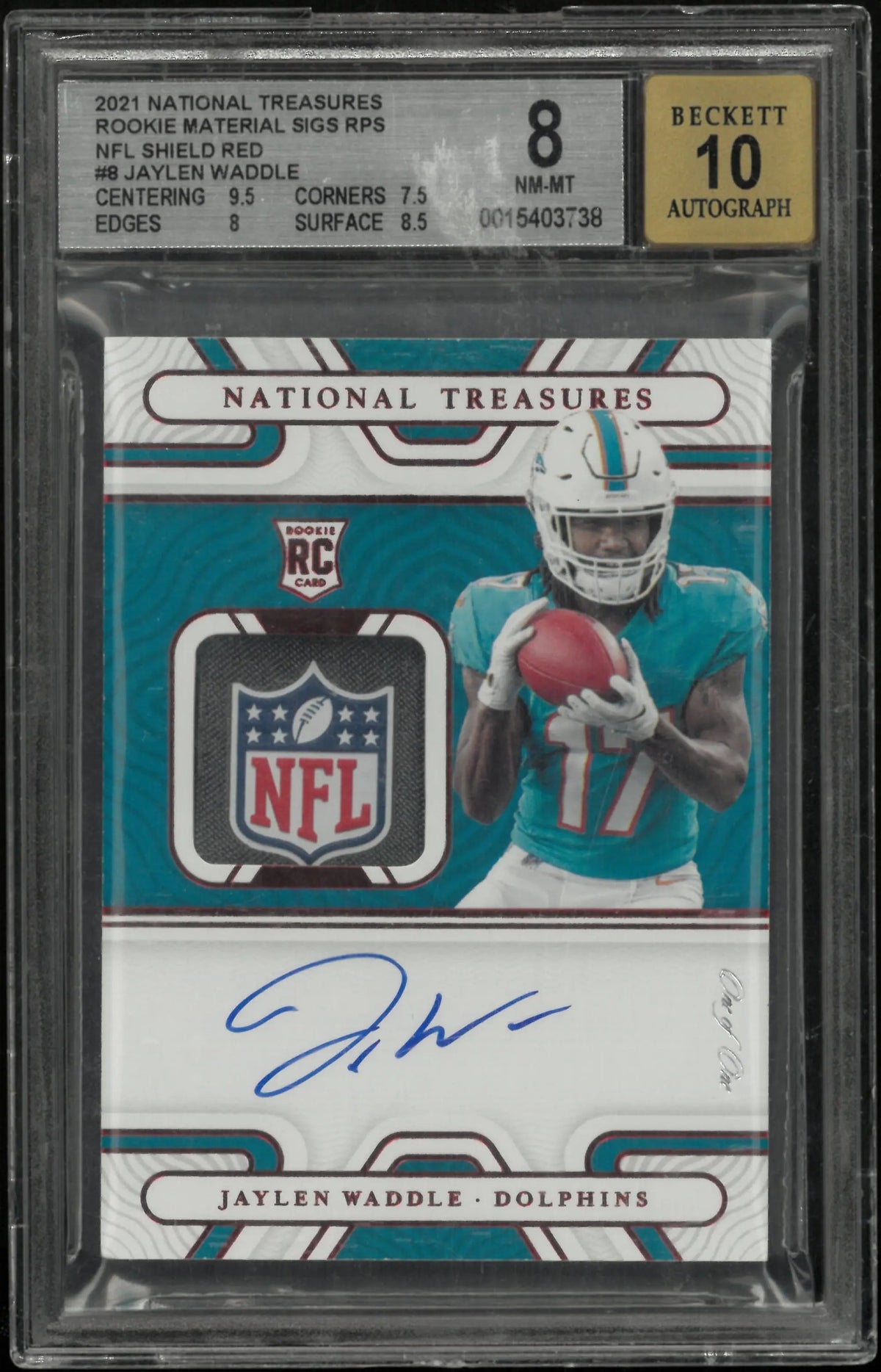 2021 National Treasures Rookie Patch Auto NFL Shield Red Jaylen Waddle BGS 8 1/1