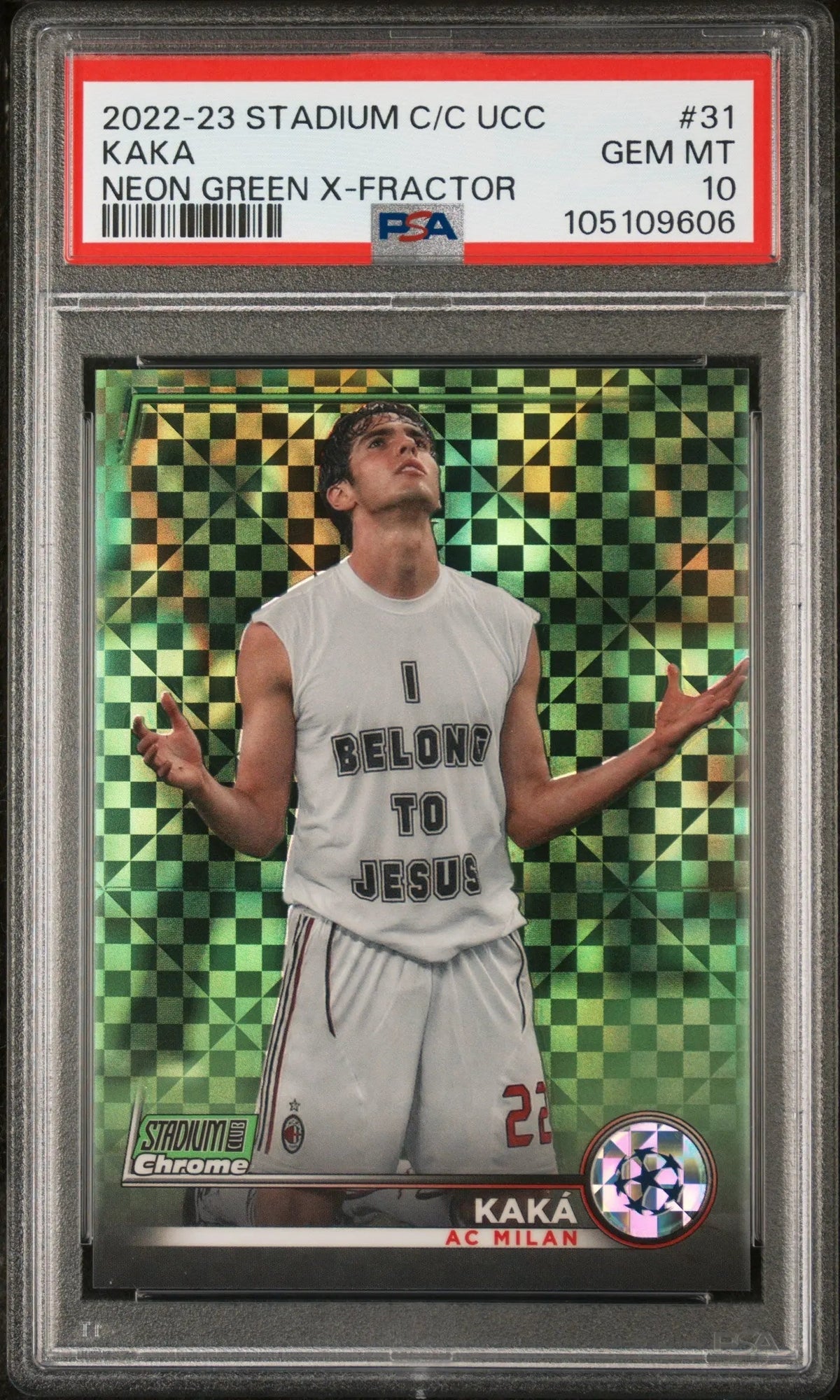2022-23 Topps Stadium Club Chrome UCC Kaka Neon Green X Fractor PSA 10 /175