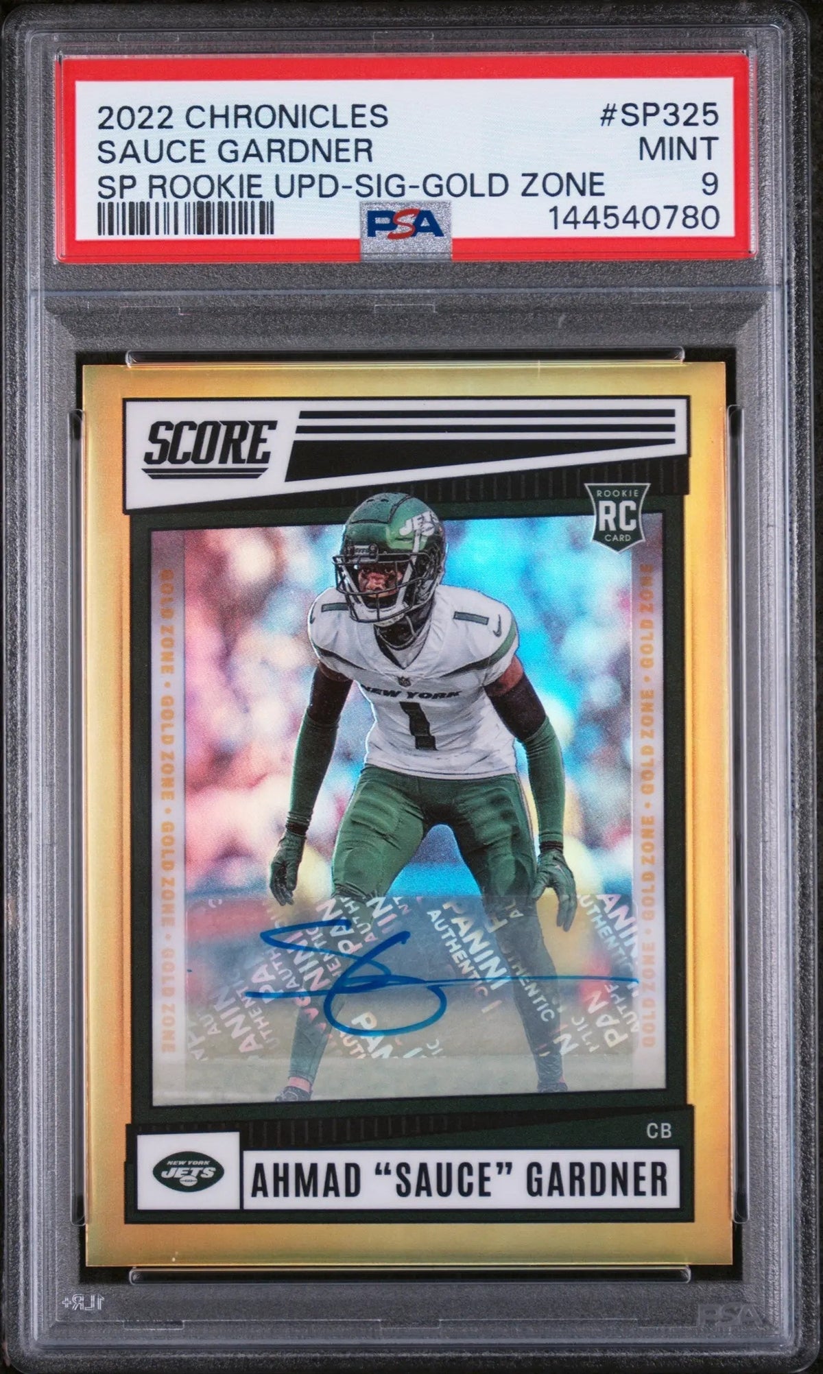 2022 Panini Chronicles Score Gold Zone Rookie Auto Sauce Gardner /50 PSA 9