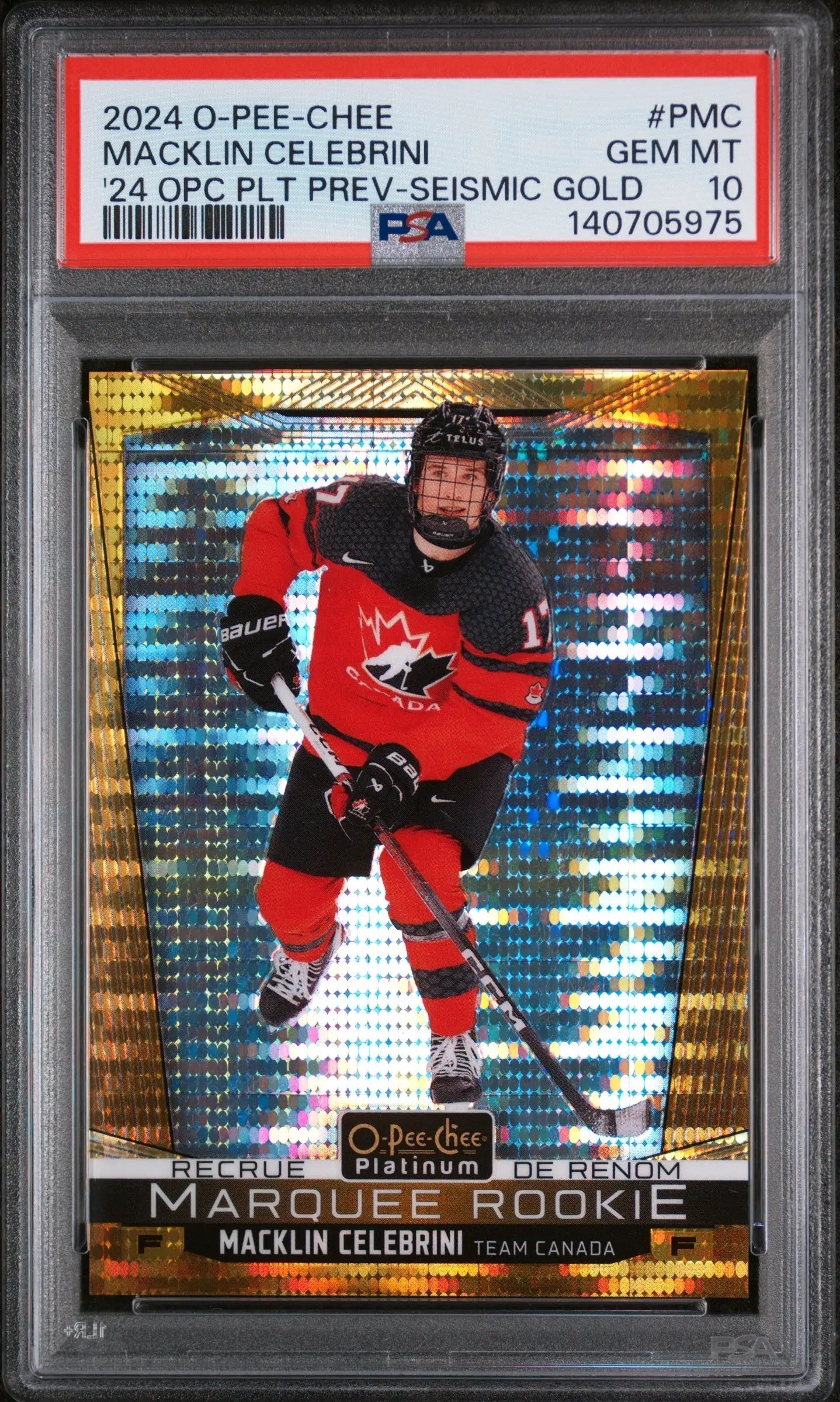 2024 O-Pee-Chee Platinum Seismic Gold Marquee RC Macklin Celebrini /25 PSA 10