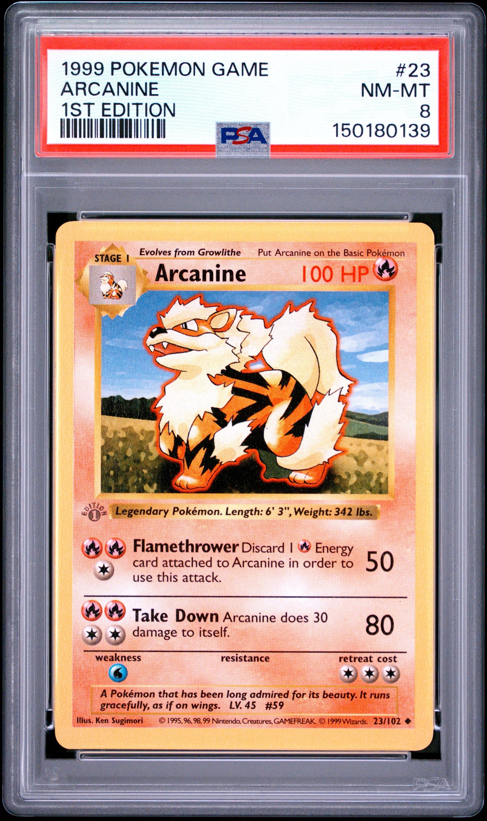 Arcanine 1st Edition PSA 8 1999 Pokemon Base Set Shadowless #23 GREY STAMP