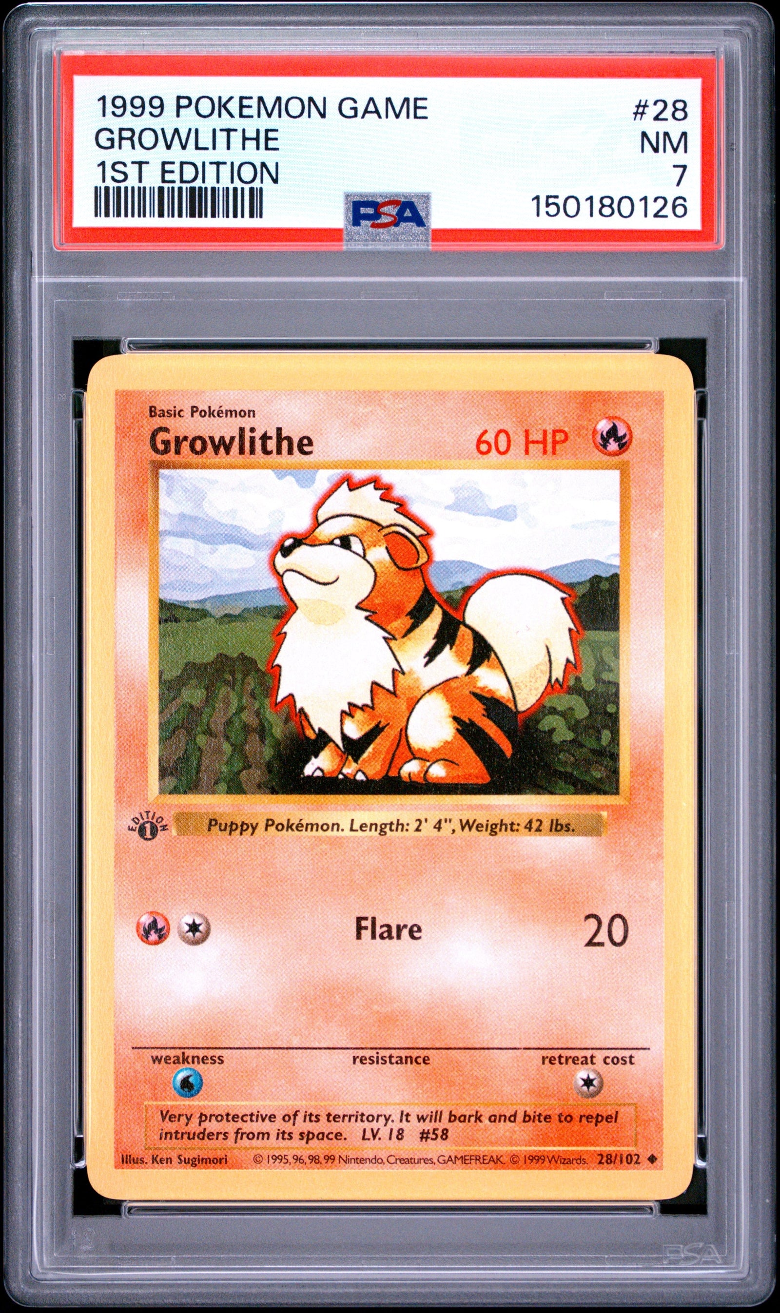 Growlithe 1st Edition PSA 7 1999 Pokemon Base Set Shadowless #28
