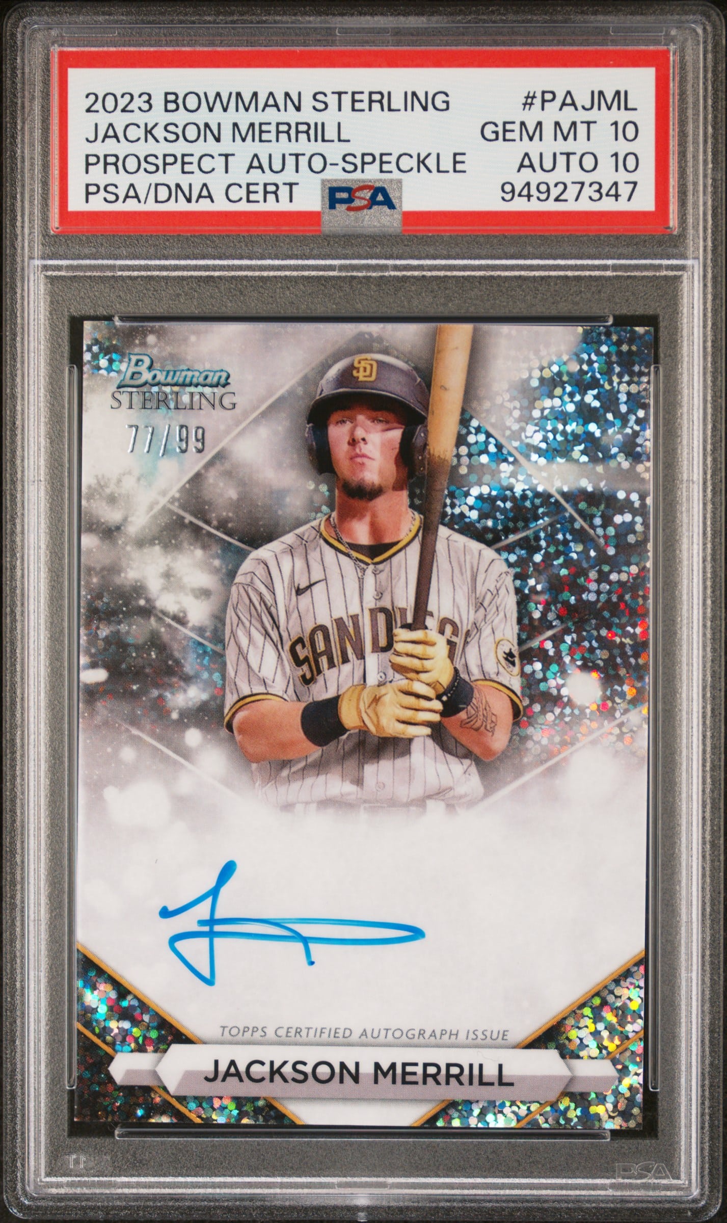 2023 Bowman Sterling Jackson Merrill #PS-JML Autograph Speckle /99 PSA 10 Auto 10