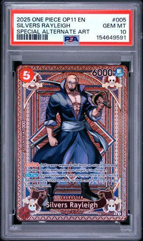2025 ONE PIECE OP11-A FIST OF DIVINE SPEED #005 SILVERS RAYLEIGH SPECIAL ALTERNATE ART PSA 10