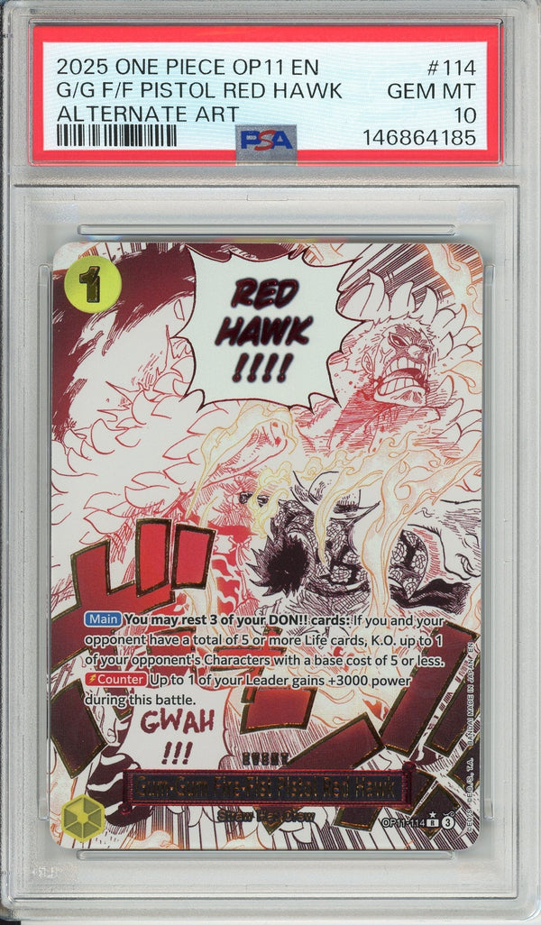 One Piece Graded: Gum-Gum Fire-Fist Pistol Red Hawk OP11-114 Fist of Divine Speed (2025) Alt Art PSA 10
