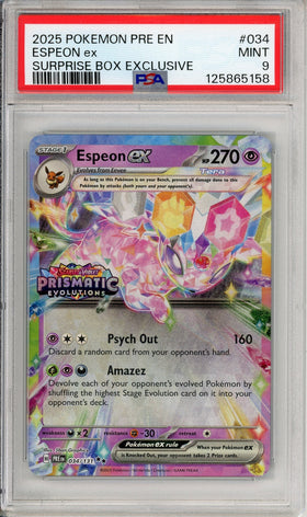 Pokemon Graded: Espeon ex 034/131 Prismatic Evolutions Surprise Box Stamped (2025) PSA 9