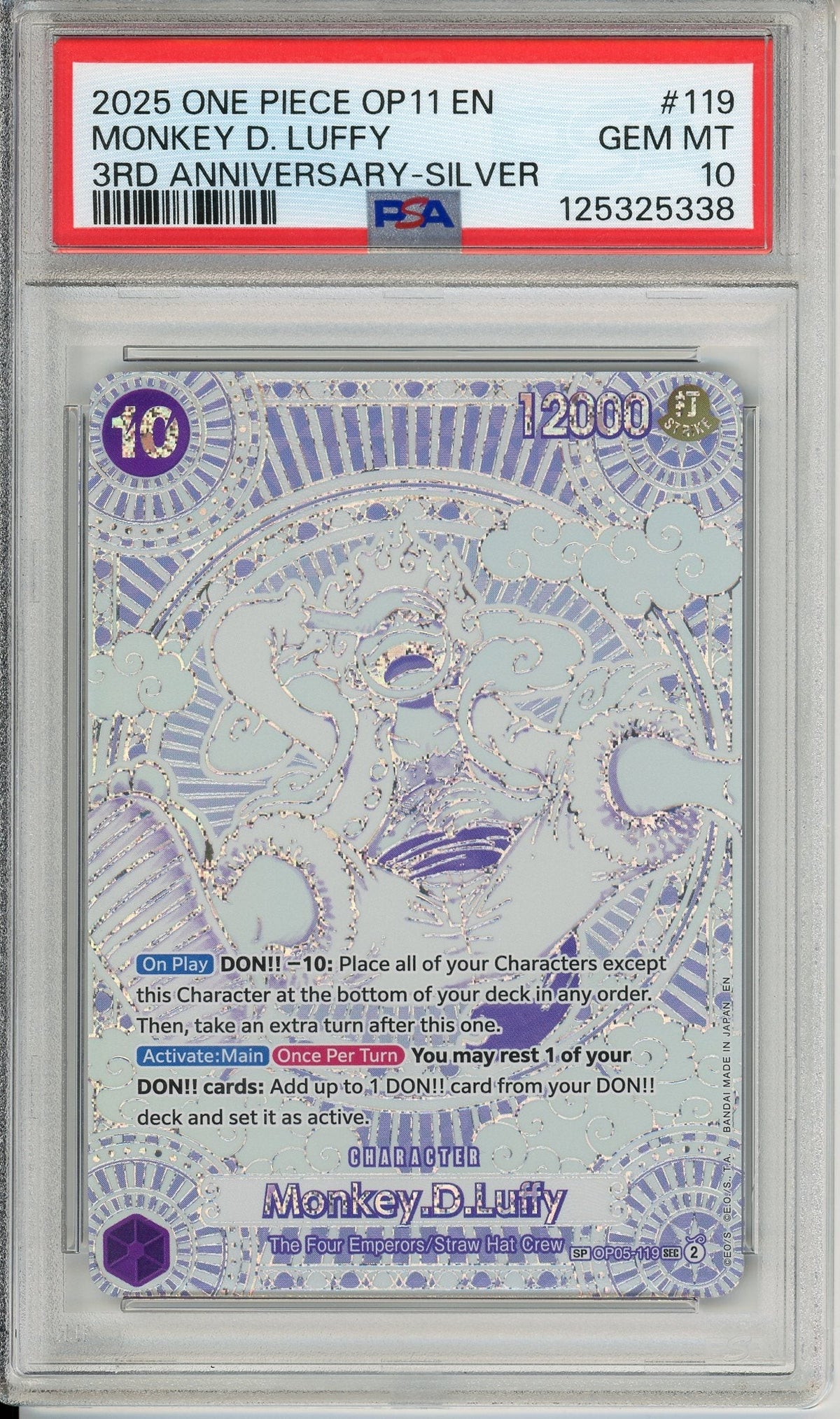 One Piece Graded: Monkey D. Luffy OP05-119 3rd Anniversary Silver PSA 10
