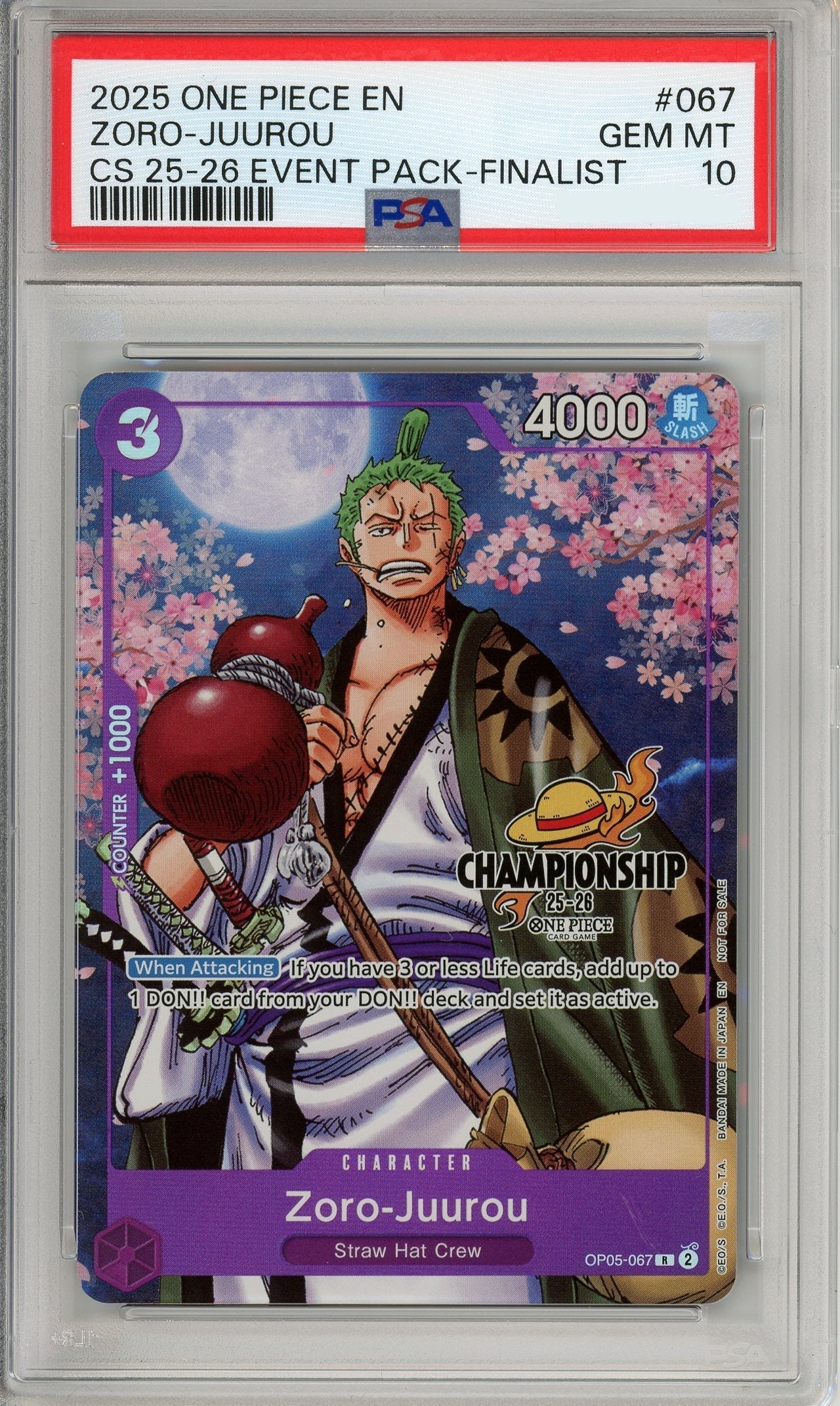 One Piece Graded: Zoro-Juurou OP05-067 Championship 25-26 Event Pack-Finalist PSA 10