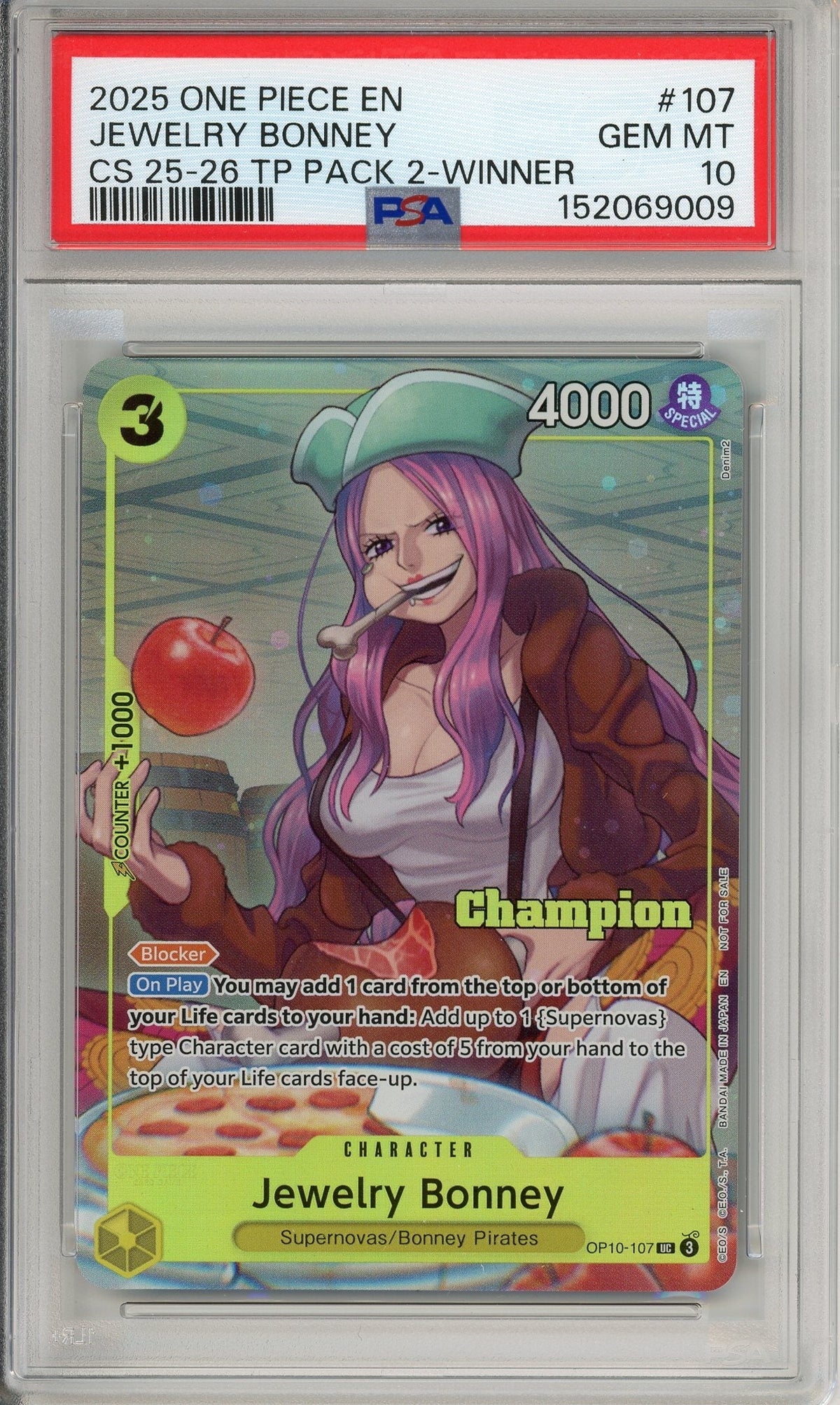 One Piece Graded: Jewelry Bonney OP10-107 Championship 25-26 Winner PSA 10