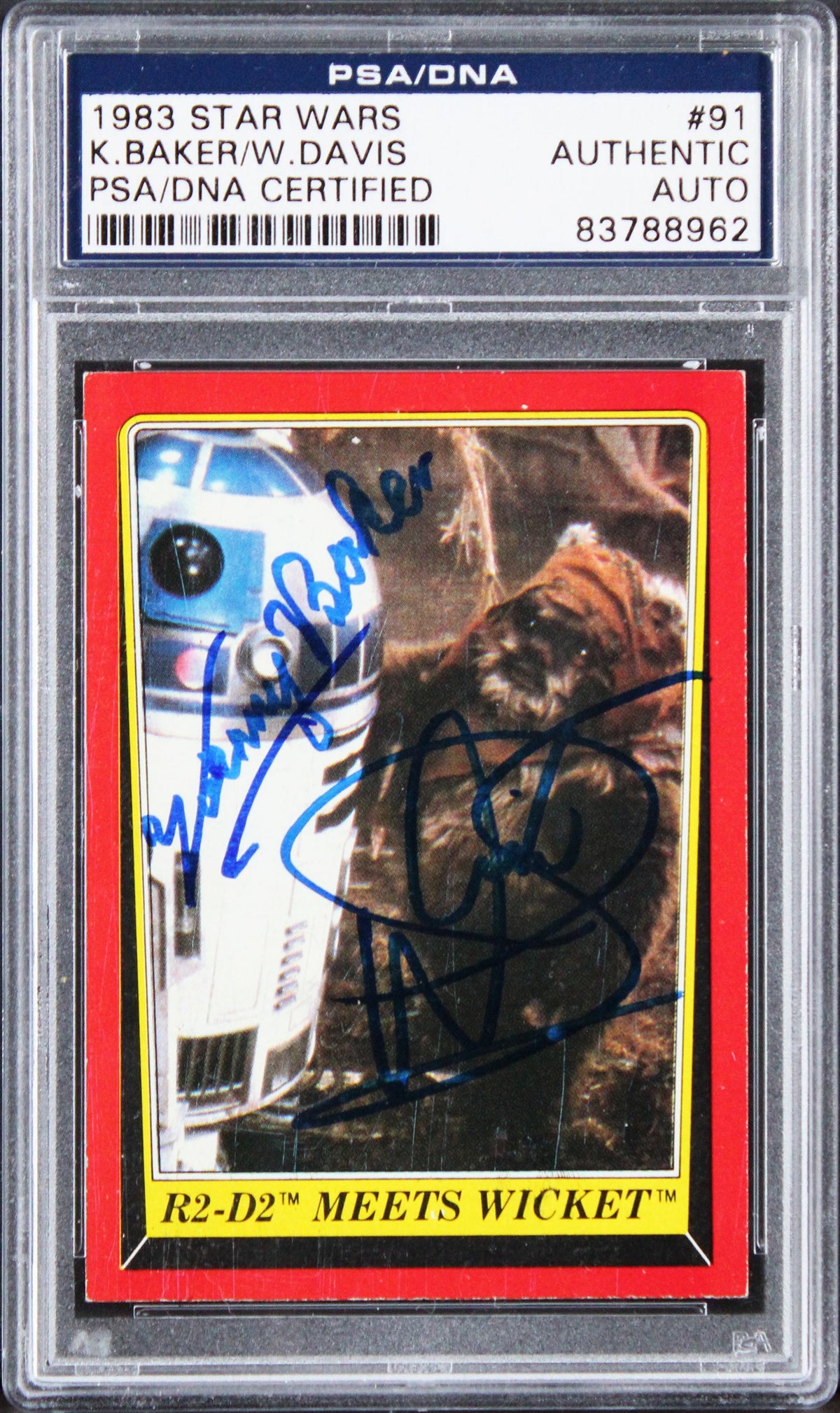 Kenny Baker & Warwick Davis Signed 1983 Star Wars ROTJ #91 Card PSA/DNA Slabbed