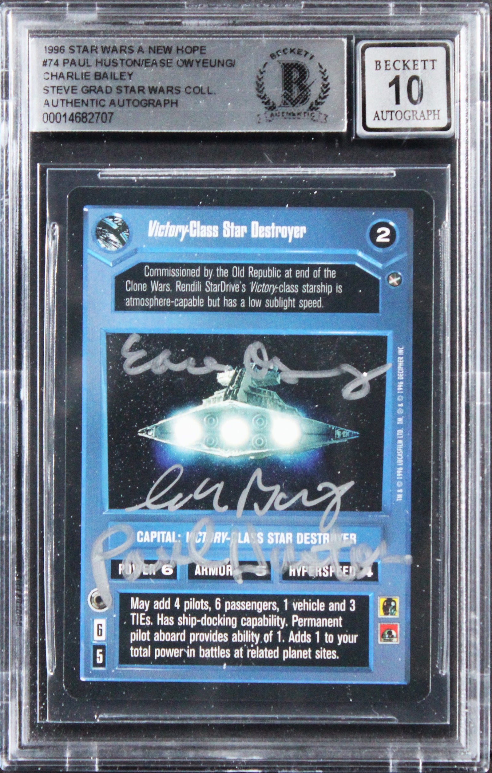 (3) Huston +2 Signed 1996 Star Wars ANH #74 Card Auto Grade GM 10! BAS Slabbed