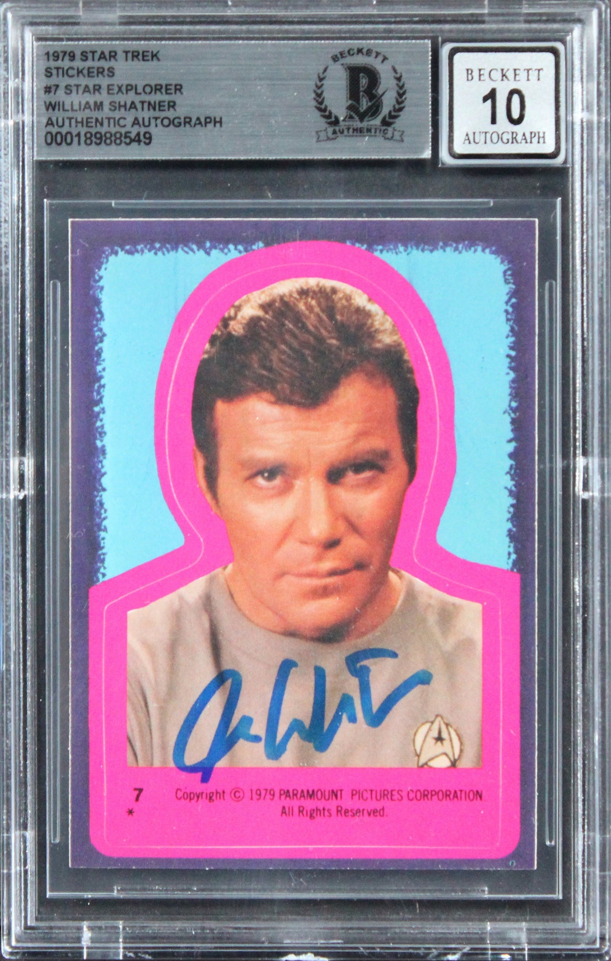 William Shatner Signed 1979 Star Trek Stickers #7 Card Auto Mint 10! BAS Slabbed