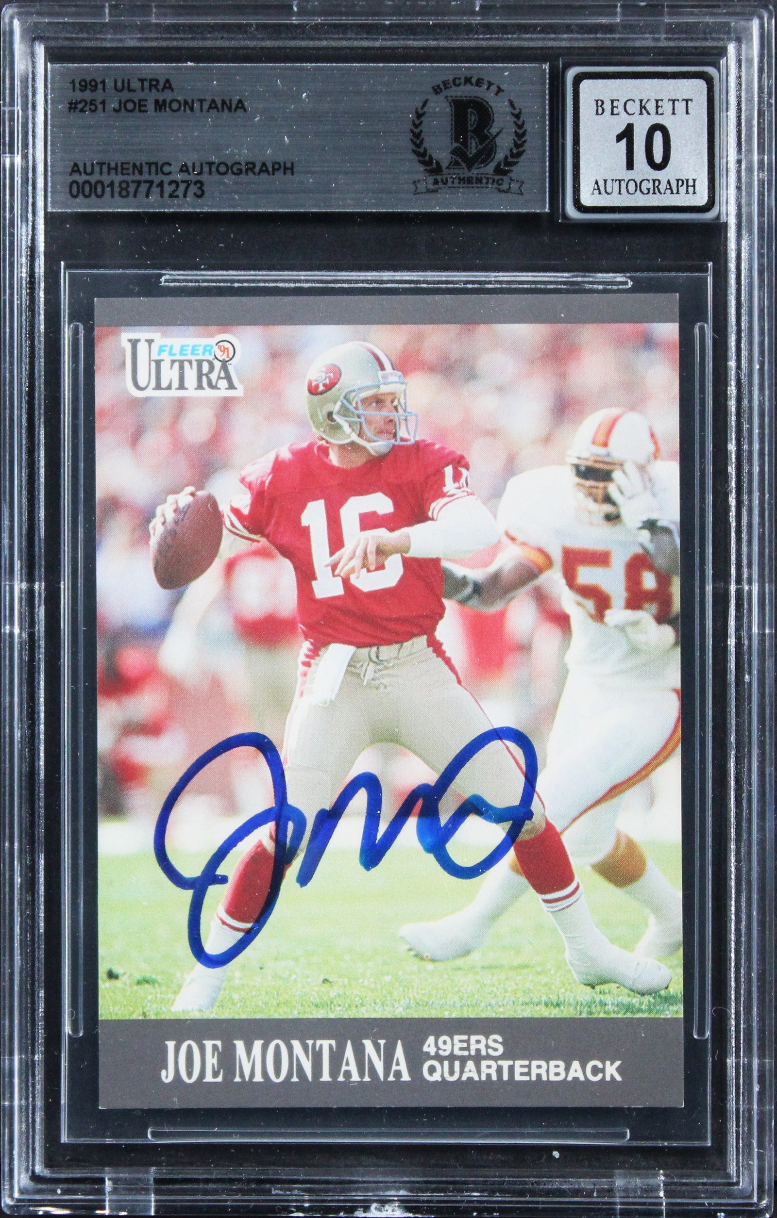 49ers Joe Montana Signed 1991 Ultra #251 Card Auto Grade Gem Mint 10 BAS Slabbed